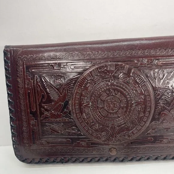 Wallet Fold Hand Tooled Leather Embossed Aztec Stamped Mexico Brown 12x7.5in WOW